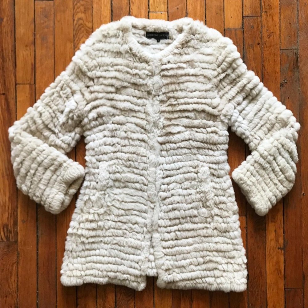 Adrienne Landau 100% Ethical Rabbit Fur Women Cream Knit Long Sleeve Sweater